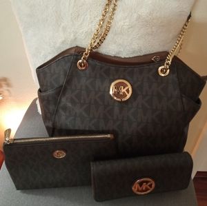 Michael Kors handbag, make up bag, matching wallet